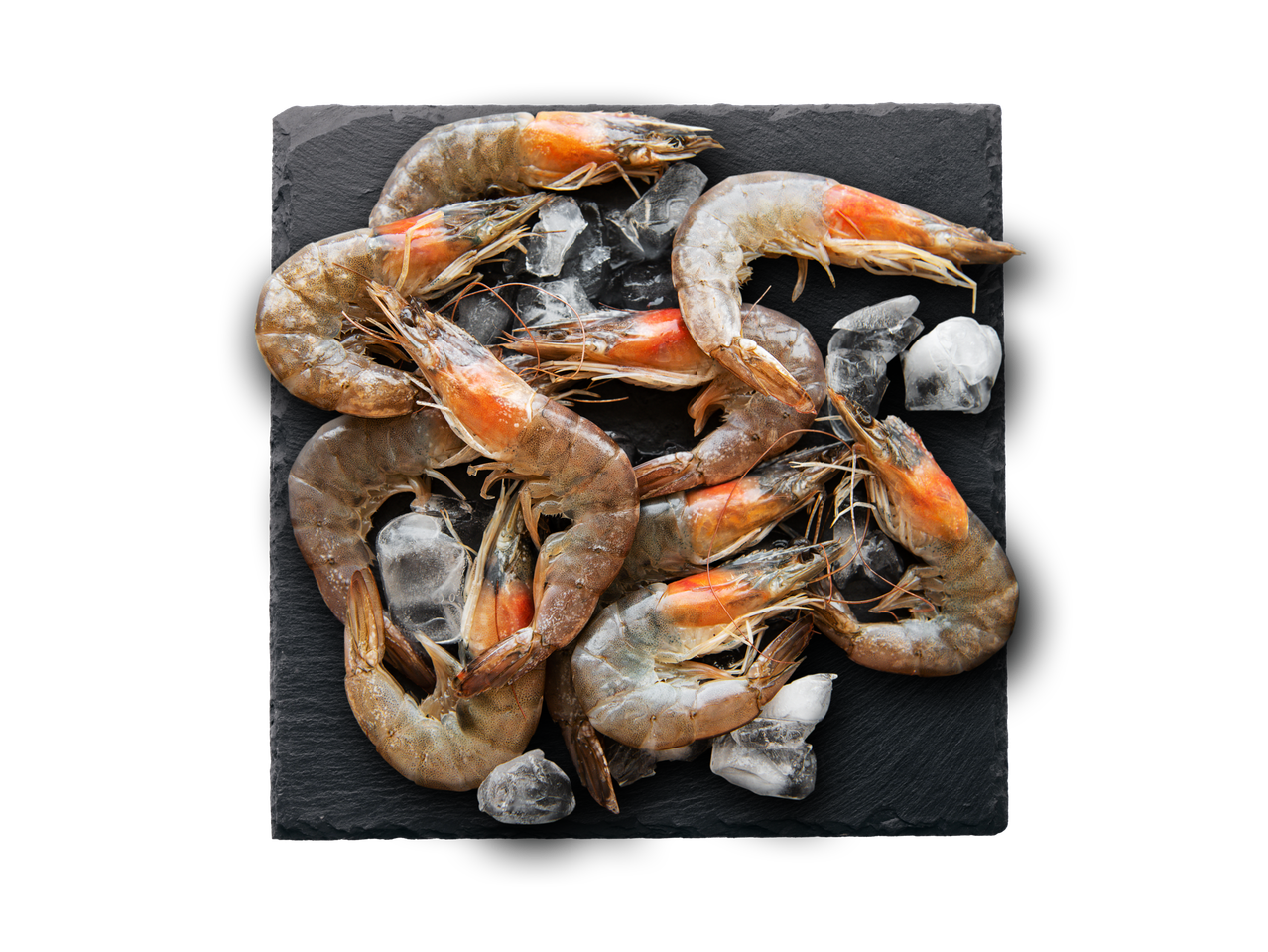Svaigas garneles uz melna šīfera ar ledu.