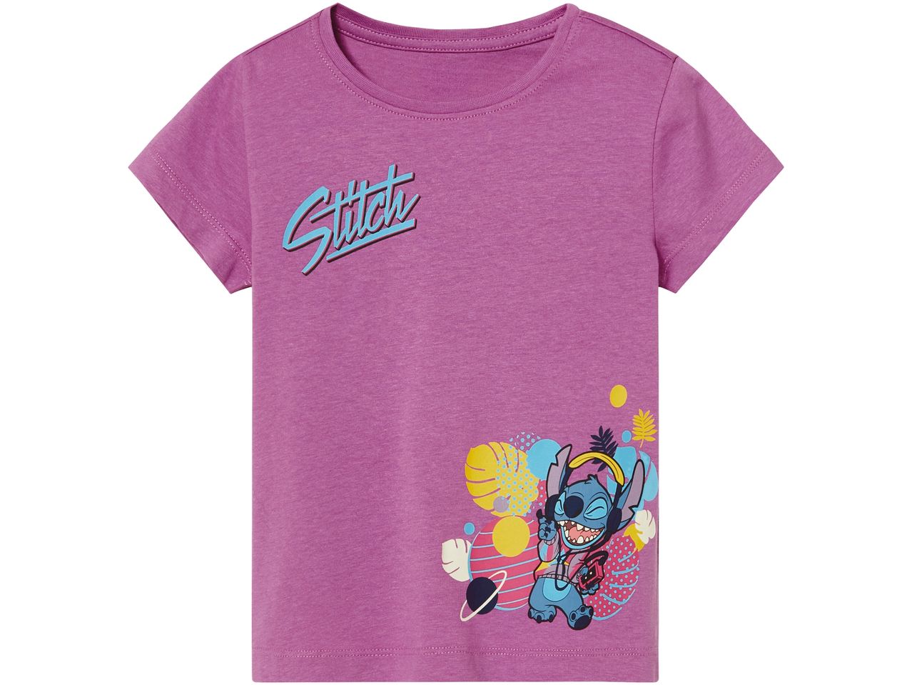 Maglietta viola per bambini con stampa di Stitch e la scritta 'Stitch'.
