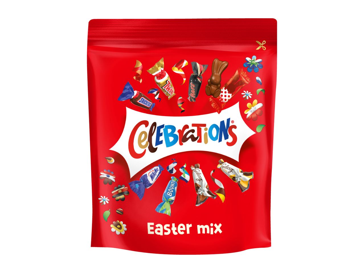 Red pouch of assorted mini chocolates, including a chocolate bunny, with 'Celebrations Easter mix' text.