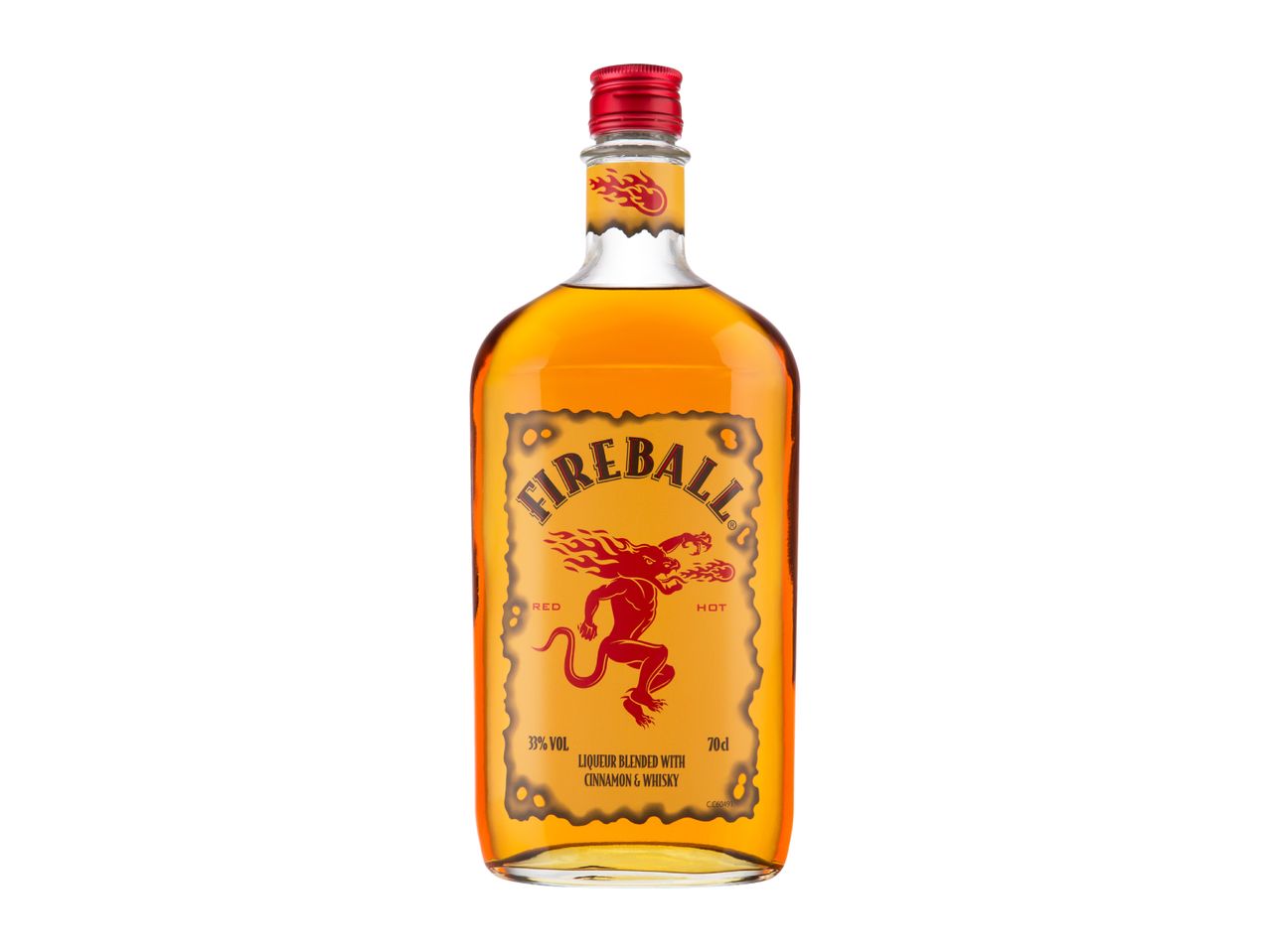 A bottle of Fireball Cinnamon Whisky Liqueur with a red cap and a fiery dragon logo.