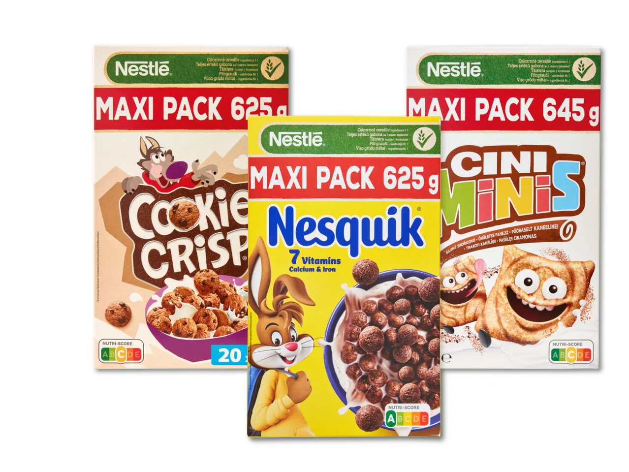 Nestlé Nesquik, Cookie Crisp un Cini Minis brokastu pārslu iepakojumi.