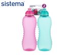 Two water bottles, one pink and one teal, with textured grips and flip-top lids, sold as a pack of two.