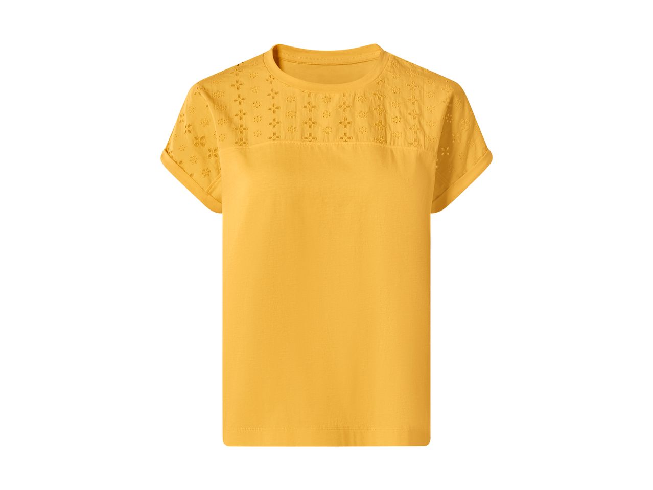 Gul T-shirt med korte ærmer og broderede detaljer på skuldrene.