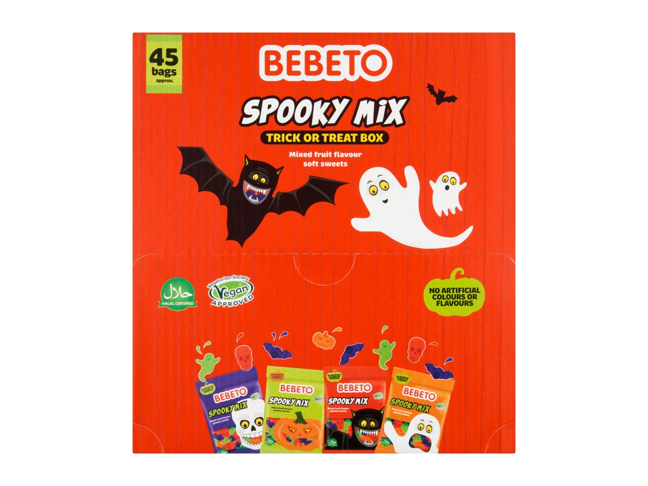 Bebeto Spooky Mix Trick or Treat Box with 45 bags of mixed fruit flavor soft sweets.