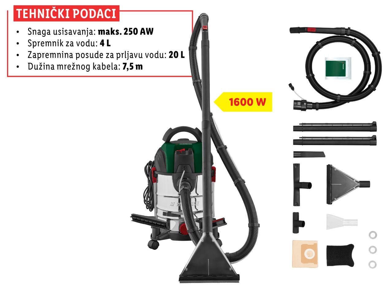 Usisavač za mokro i suho čišćenje od 1600 W s tehničkim podacima i dodacima.