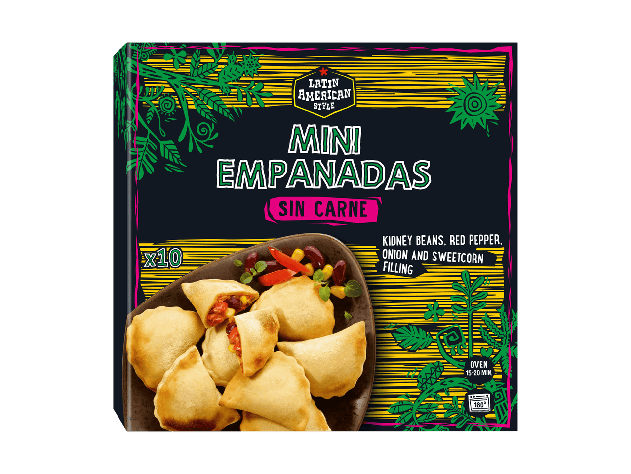 Confezione di mini empanadas senza carne con ripieno di fagioli, peperoni, cipolle e mais.