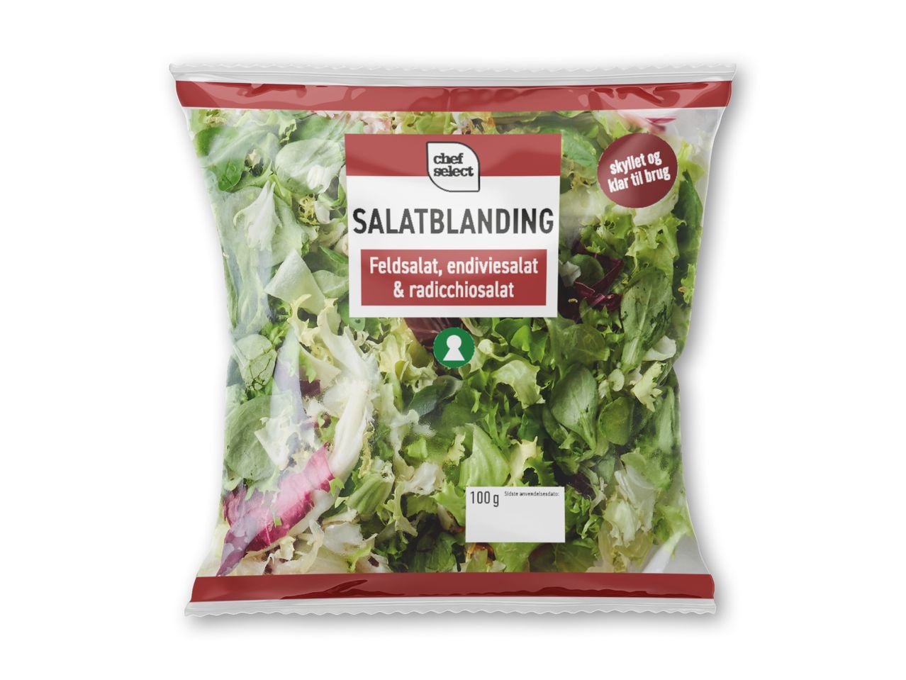 En pose med blandet salat, mærket 'Chef Select Salatblanding' og klar til brug.
