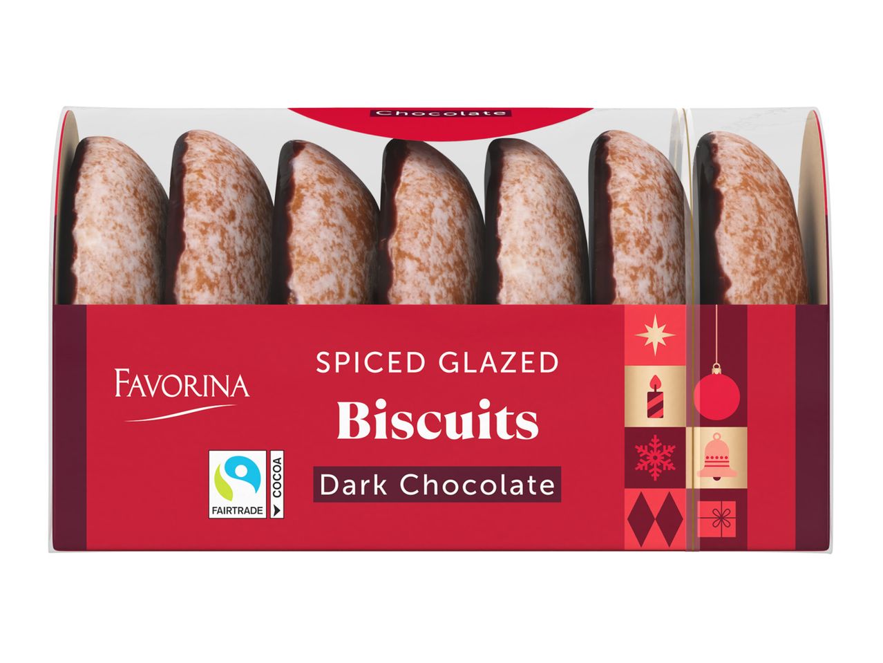 A pack of spiced glazed biscuits with dark chocolate, featuring festive holiday designs.
