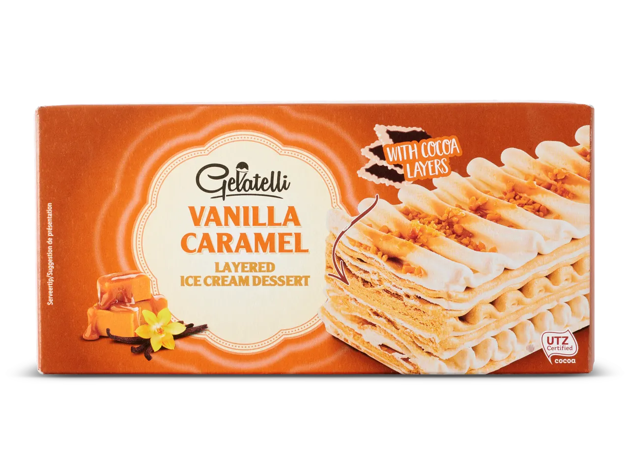 Gelatelli vanille karamel: gelaagd ijsdessert met cacao.