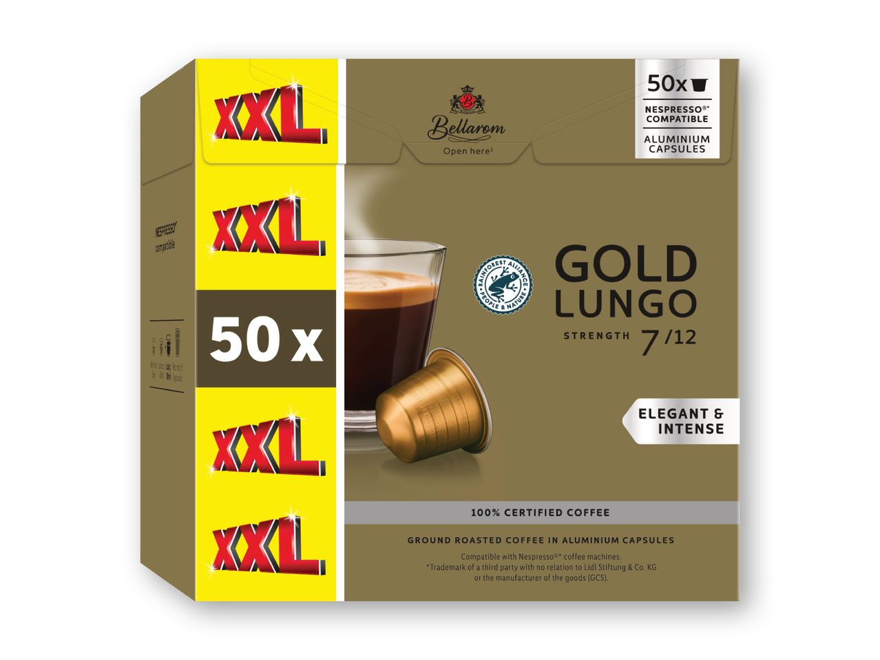 En pakke Bellarom Gold Lungo kaffekapsler, 50x XXL, kompatibel med Nespresso.