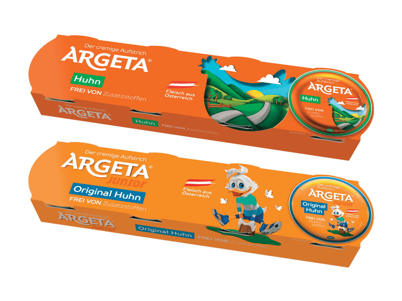 Zwei Argeta Brotaufstriche: Huhn und Junior Original Huhn, beide mit Fleisch aus Österreich.