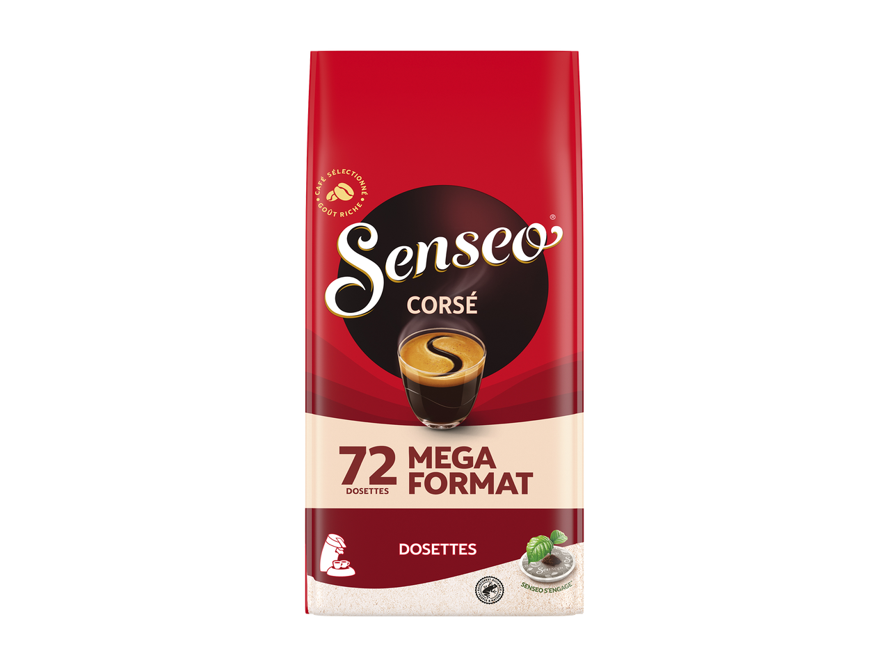 Paquet de dosettes de café corsé, format méga de 72 dosettes.
