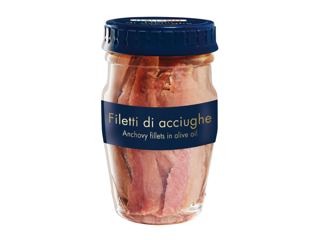 Ansjovisfilets in olijfolie, in een glazen pot met een blauw deksel.
