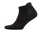 A single black athletic sock with a white logo on the ankle.