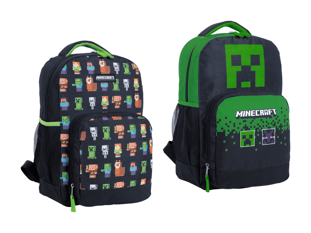 Deux sacs à dos noirs et verts avec des personnages pixelisés et un logo de jeu vidéo.