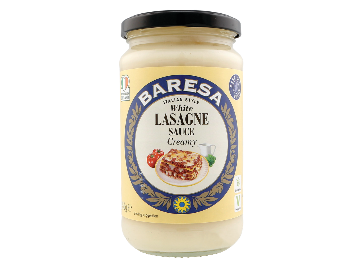 A jar of Baresa Italian Style White Lasagne Sauce, creamy, gluten-free, and vegetarian.