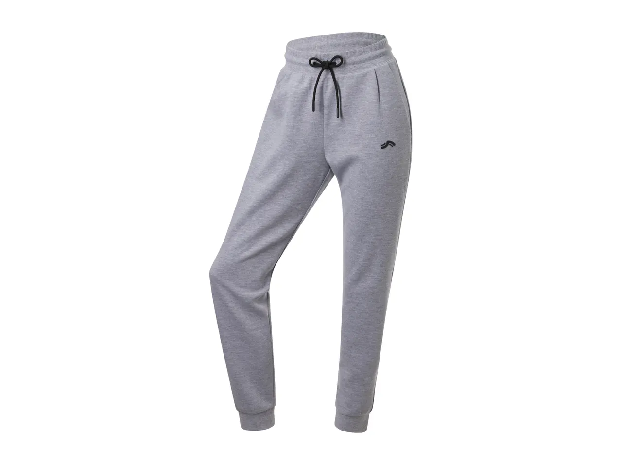 Grey women's sweatpants with a black drawstring and a small black logo on the left thigh.
