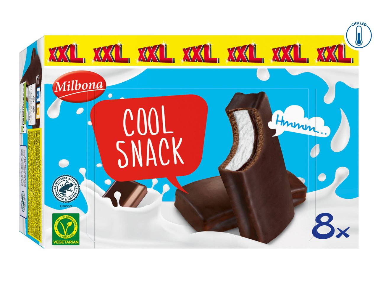 Milbona XXL Cool Snack chocolate bars, 8 count, chilled.