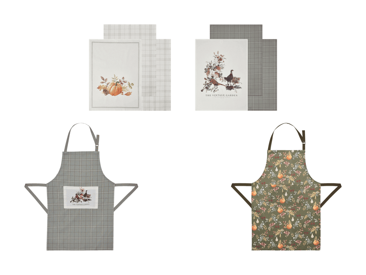 Ensemble de torchons et tabliers sur le thème de l'automne avec citrouilles et oiseaux.