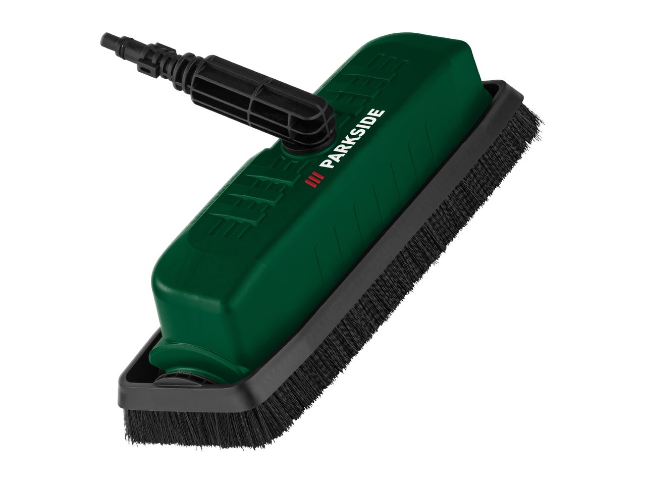 Green and black pressure washer brush attachment with bristles, angled upwards.
