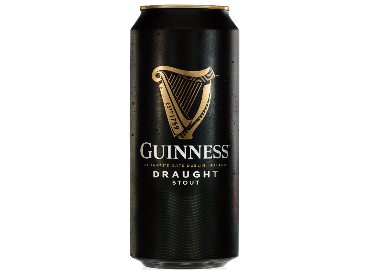 Черна кенче бира с капки вода и златно лого на арфа, надпис 'DRAUGHT STOUT'