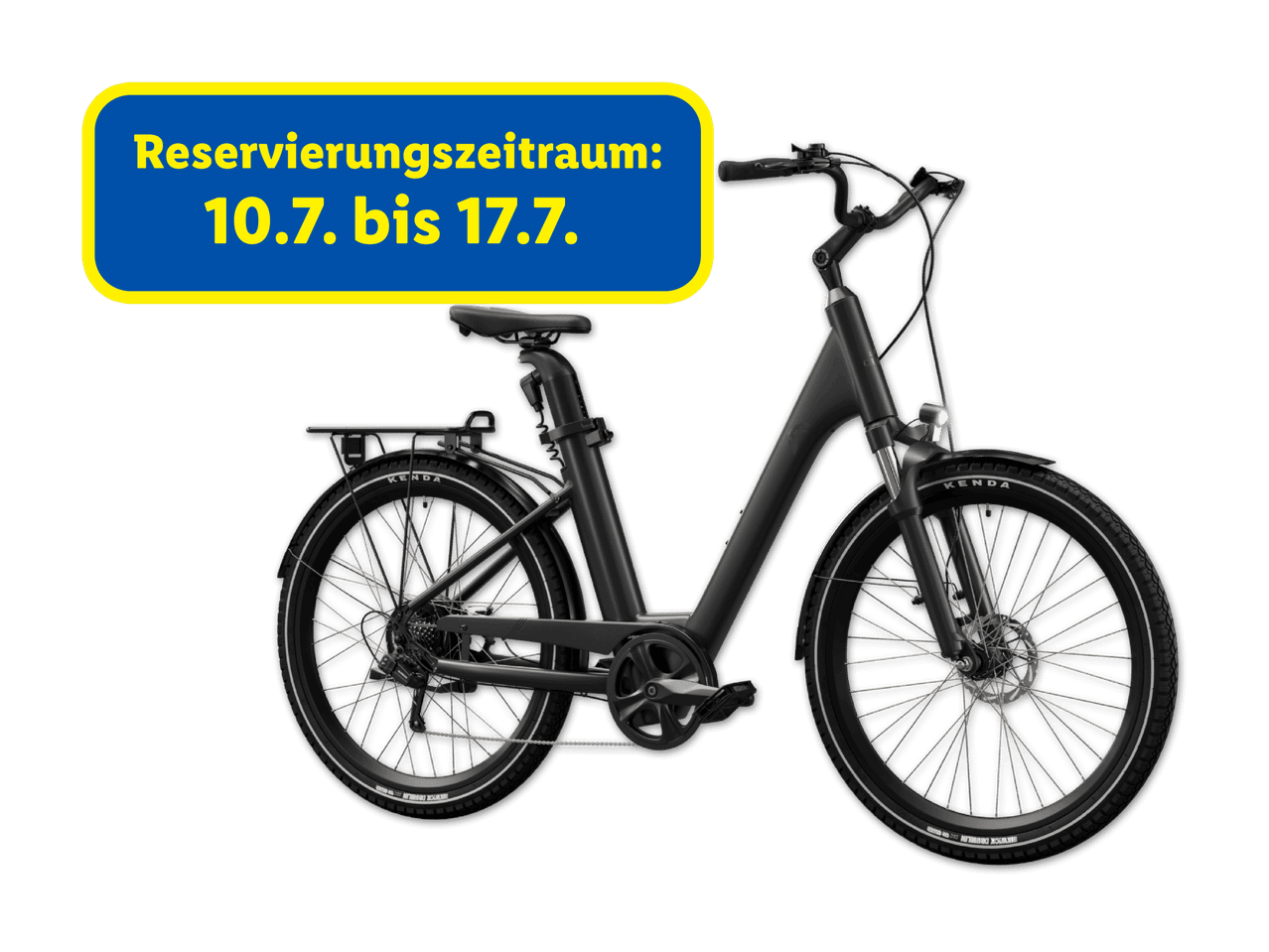 Schwarzes E-Bike mit Gepäckträger, Reservierung vom 10.7. bis 17.7.
