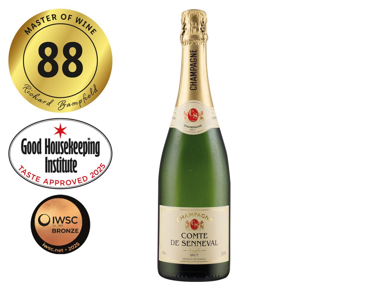 Comte de Senneval Champagne Brut with Master of Wine 88 points, Good Housekeeping Institute Taste Approved 2025, and IWSC Bronze 2025 awards.