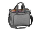 Grey yarn storage bag with clear top lid filled with colorful wool skeins