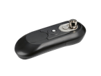 An electric can opener with a black body and silver-colored cutting mechanism.