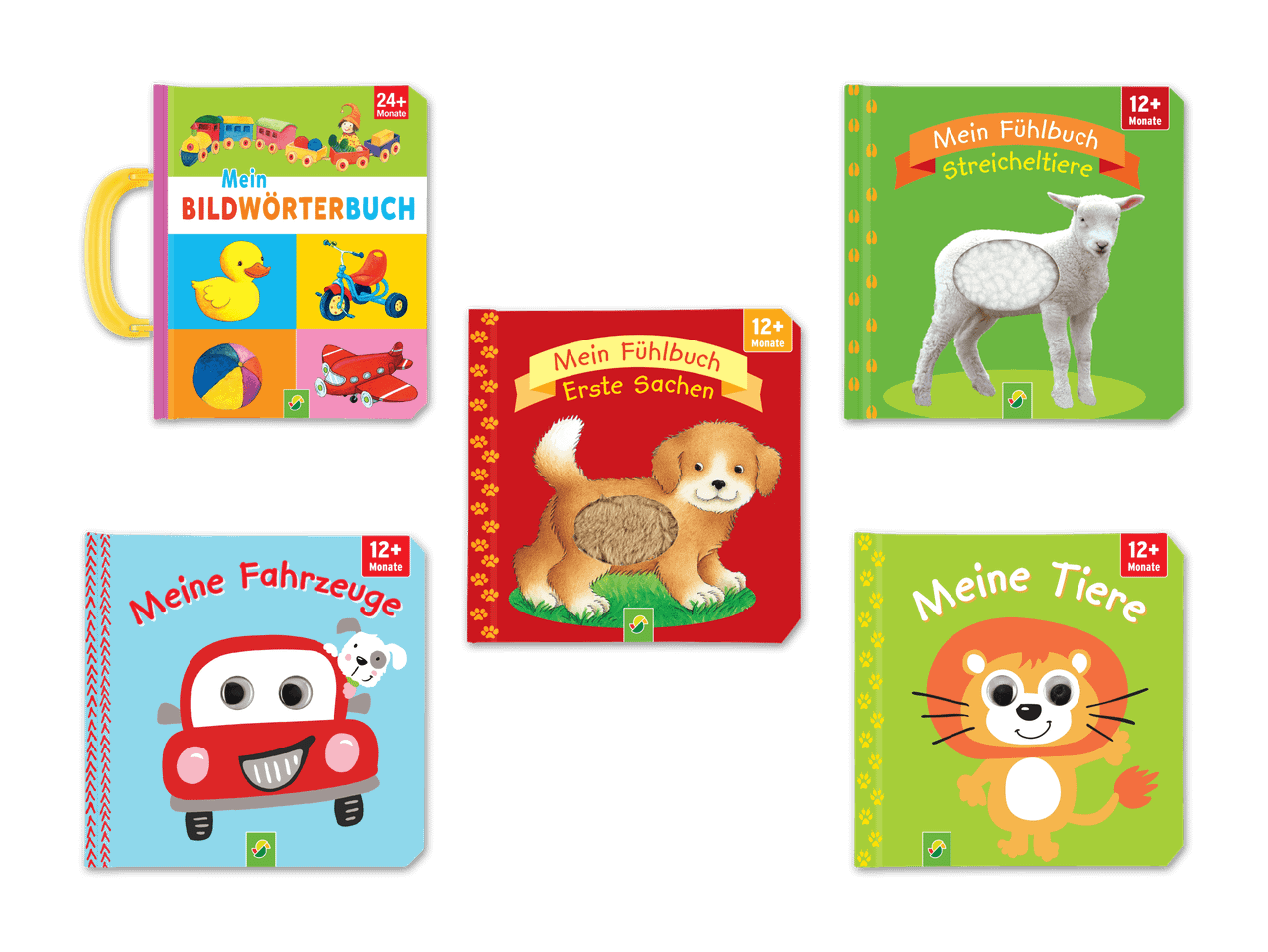Fünf bunte Kinderbücher, darunter Fühlbücher und ein Bildwörterbuch, mit Tieren und Fahrzeugen.