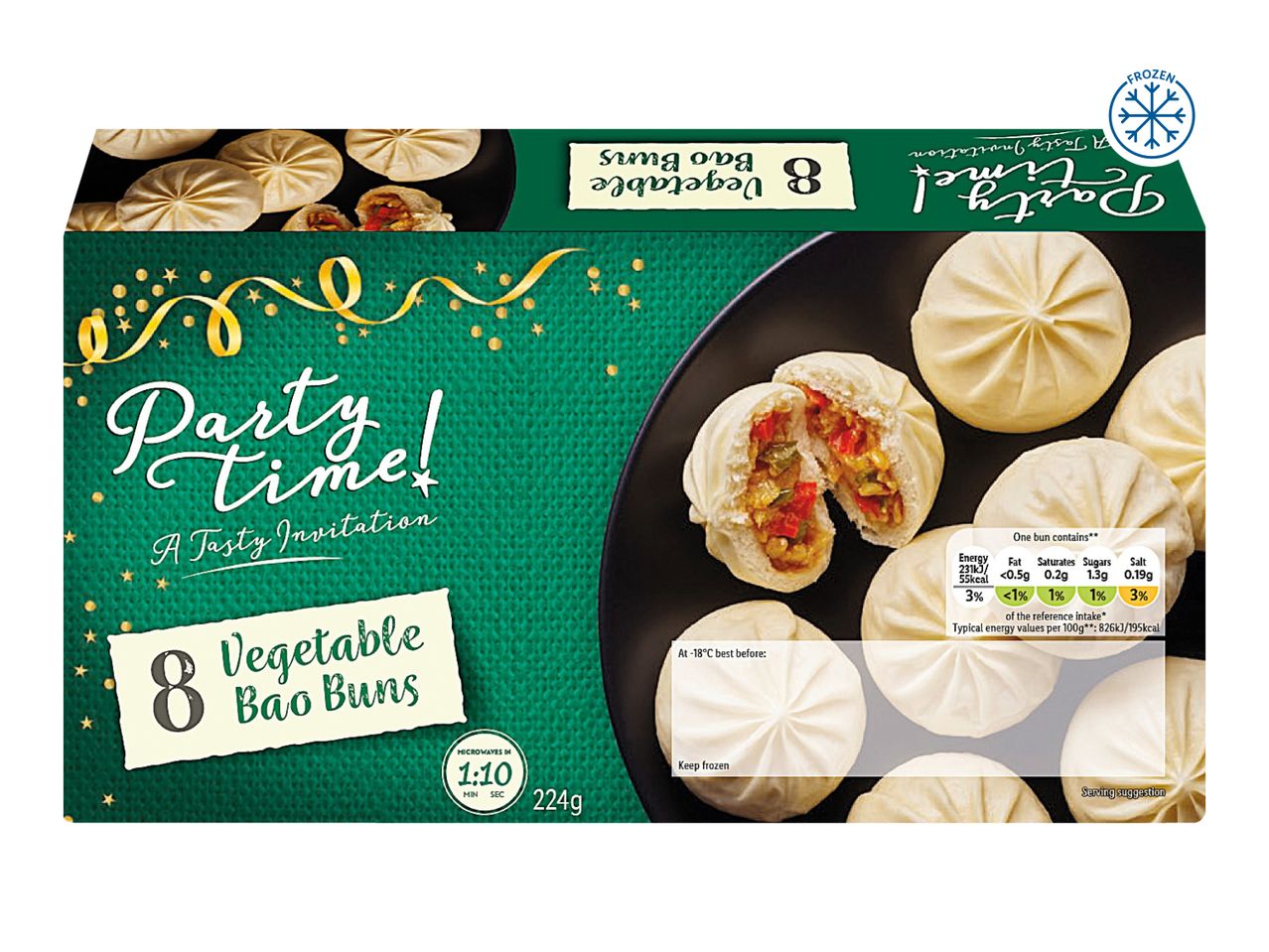 Party Time! 8 Vegetable Bao Buns, frozen, with nutritional information.