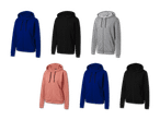 Acht Kapuzenpullover in verschiedenen Farben, darunter Blau, Schwarz, Grau und Rosa.