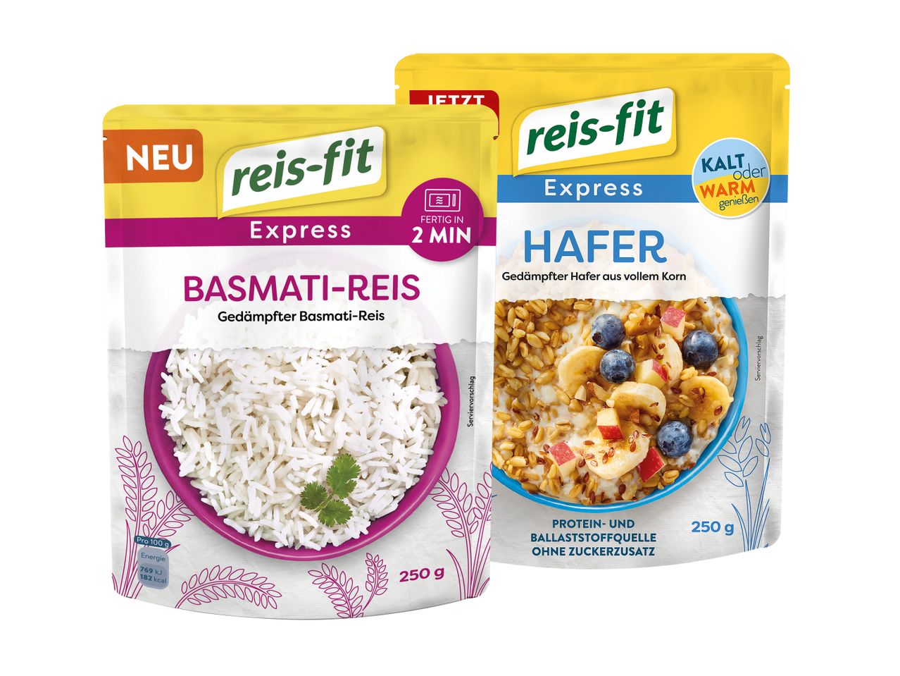 Zwei reis-fit Express Beutel: Basmatireis und Hafer, beide fertig in 2 Minuten.