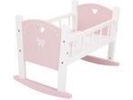 Розова дървена люлка за кукли с бял декор на сърца и панделки.