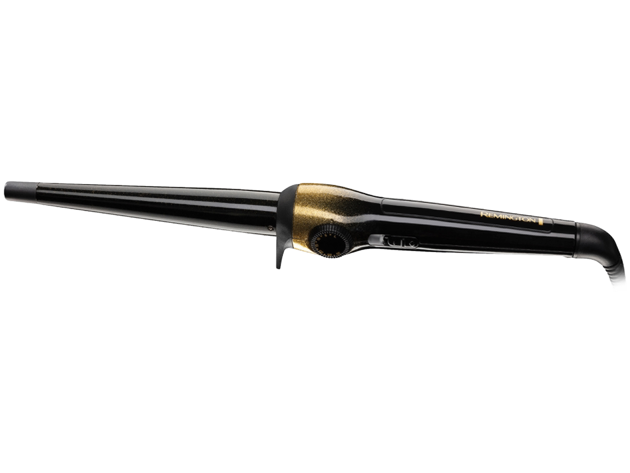 Schwarzer konischer Remington Lockenstab mit goldenen Akzenten.