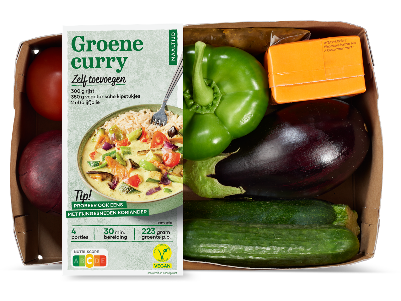 Lidl Verspakket voor groene curry met groenten, rijst en een receptkaart.