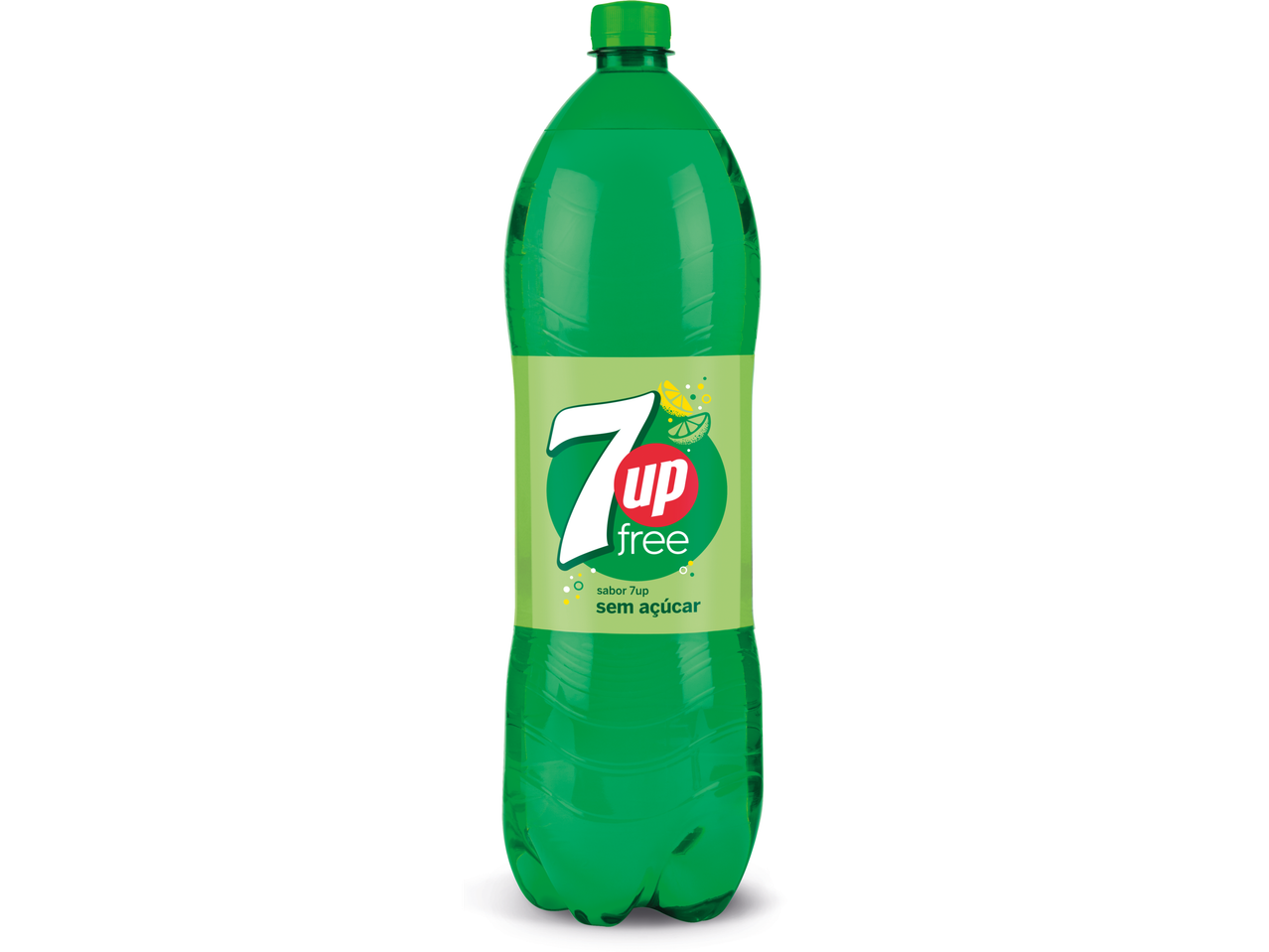 Garrafa de refrigerante 7up Free, verde com rótulo verde claro, sem açúcar.