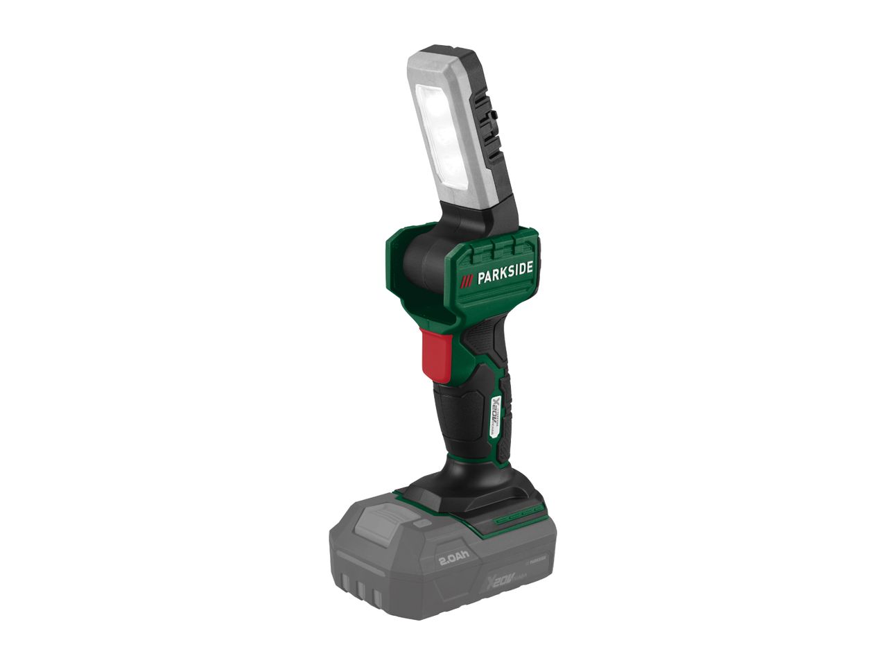 Cordless work light with an adjustable head and a 2.0Ah battery pack.