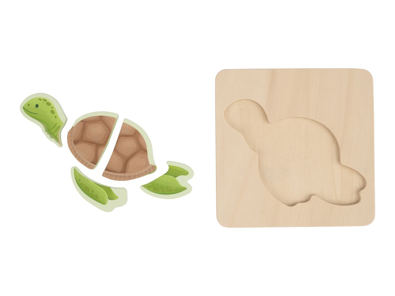Wooden turtle puzzle with four pieces and a matching wooden board.