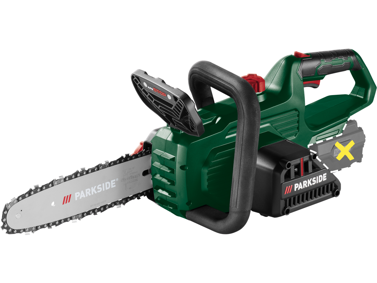 Zaļš akumulatora motorzāģis ar melnu rokturi un sudrabainu griešanas asmeni.
