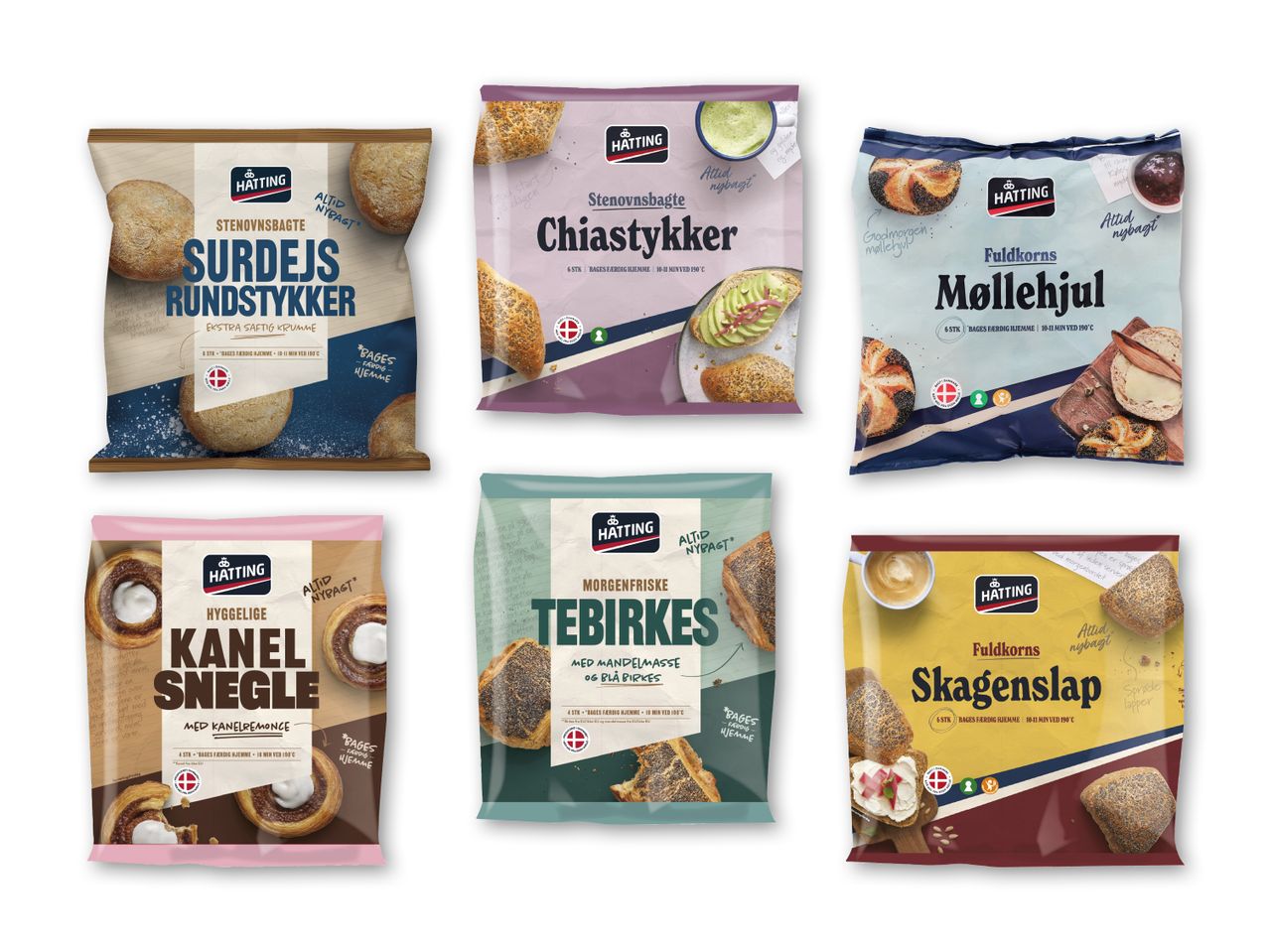 Seks pakker med forskellige brødprodukter, herunder surdejsrundstykker, chiastykker, møllehjul, kanelsnegle, tebirkes og skagenslap.