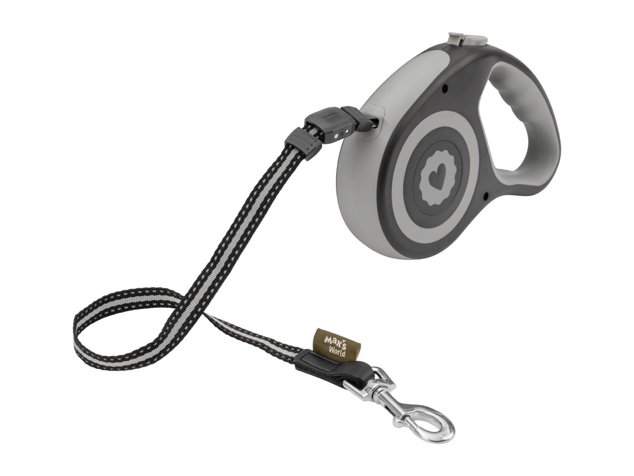 Retractable dog leash with a grey and black handle and a reflective lead.