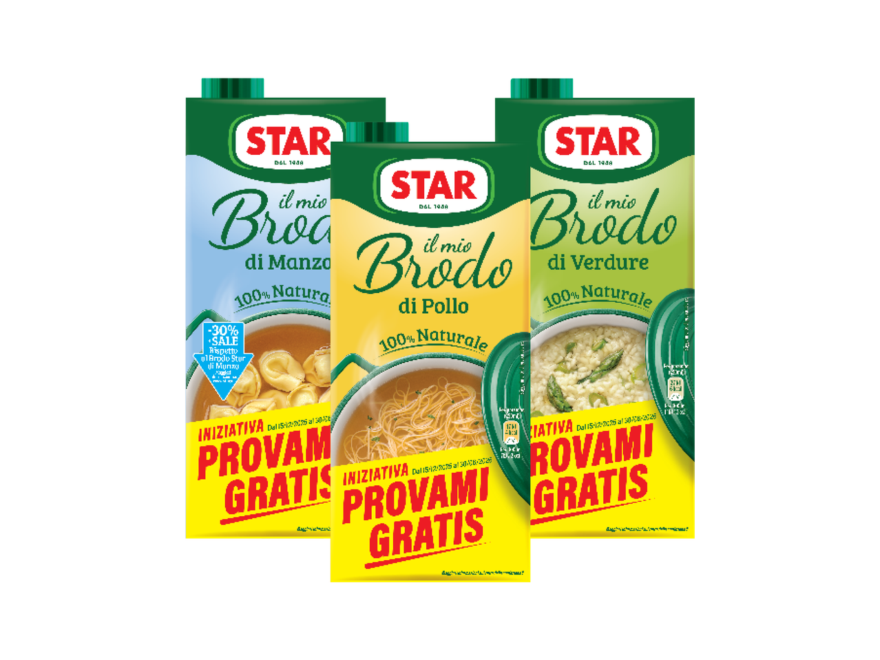 Three Star brand broths: beef, chicken, and vegetable, with a 'Try Me Free' offer.