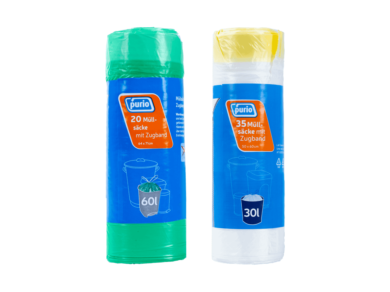 Zwei Rollen Müllsäcke der Marke Purio, eine grüne mit 20 Säcken (60L) und eine weiße mit 35 Säcken (30L).