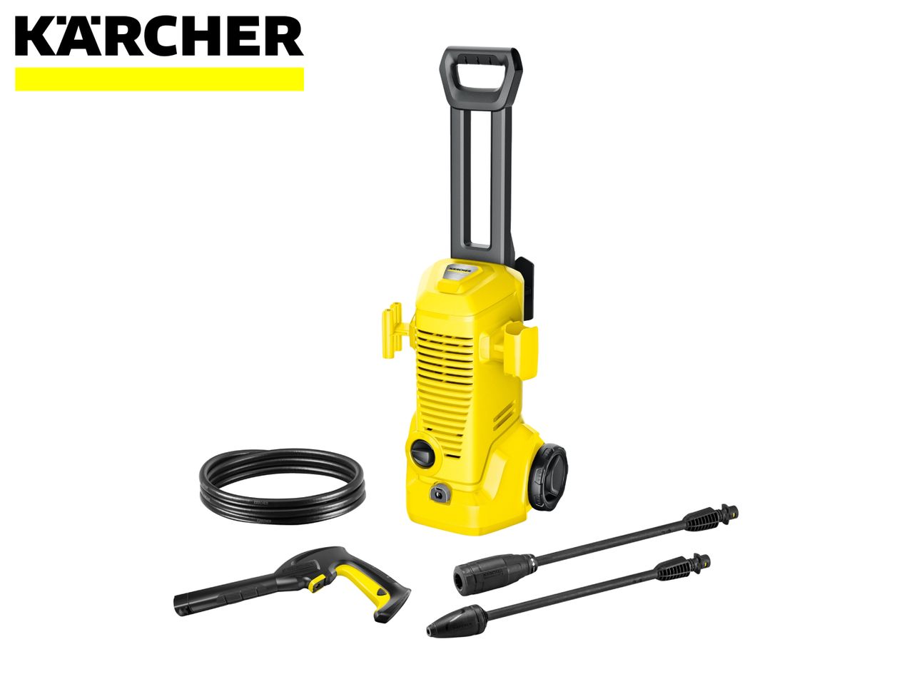 Yellow pressure washer with hose, spray gun, and two lances on a white background.