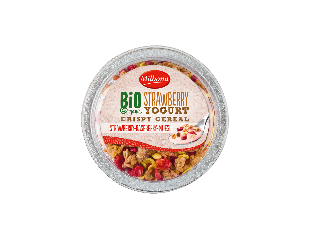 Milbona bio eper joghurt ropogós müslisze.