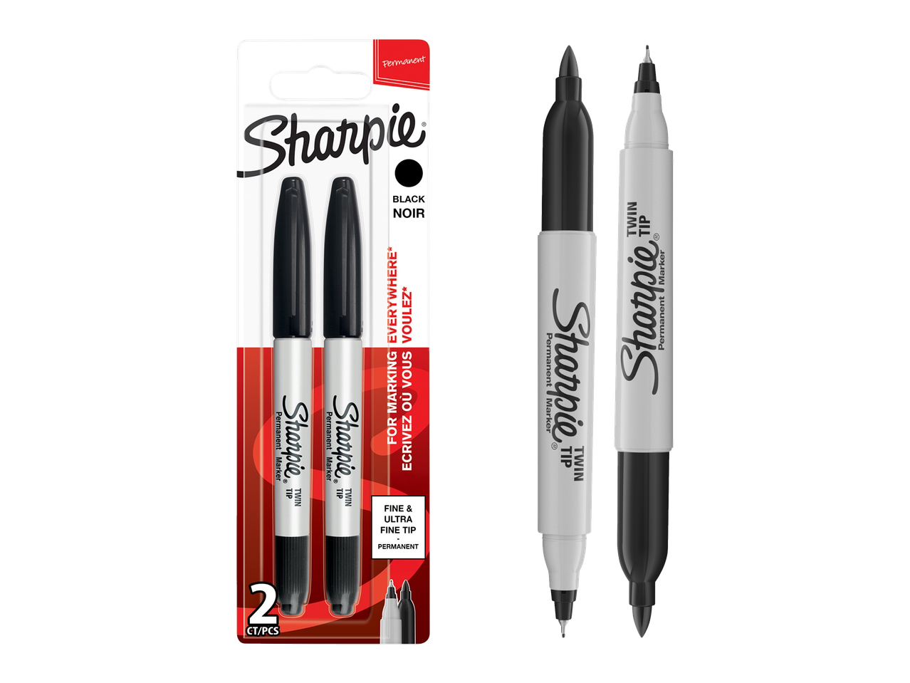 Sharpie Twin Tip permanente markers, zwart, fijne en ultrafijne punten, 2 stuks.