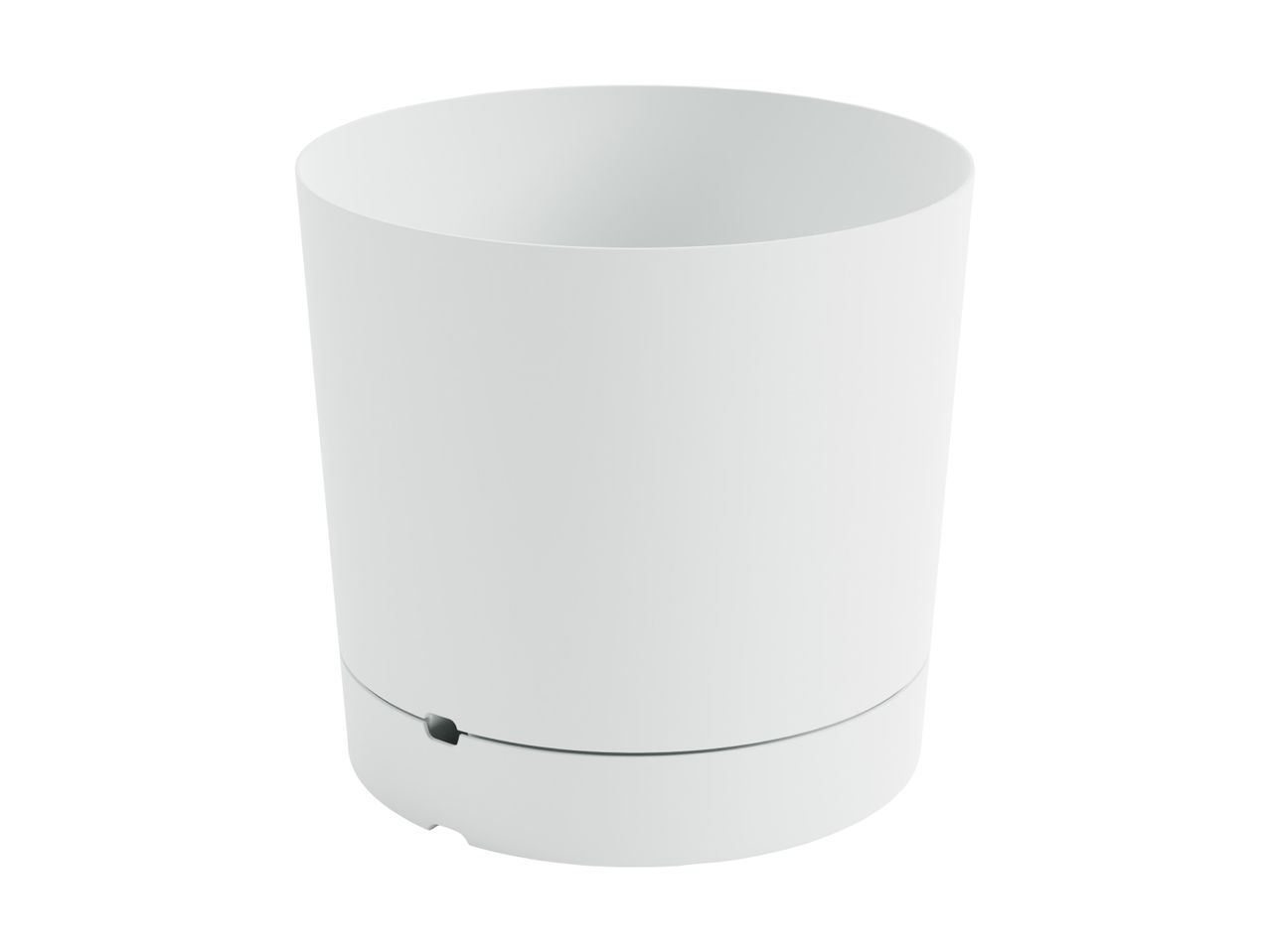 A white self-watering planter pot.