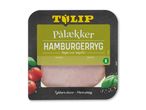 Pålæg af hamburgerryg, røget over bøgeflis, med tomater og basilikum.