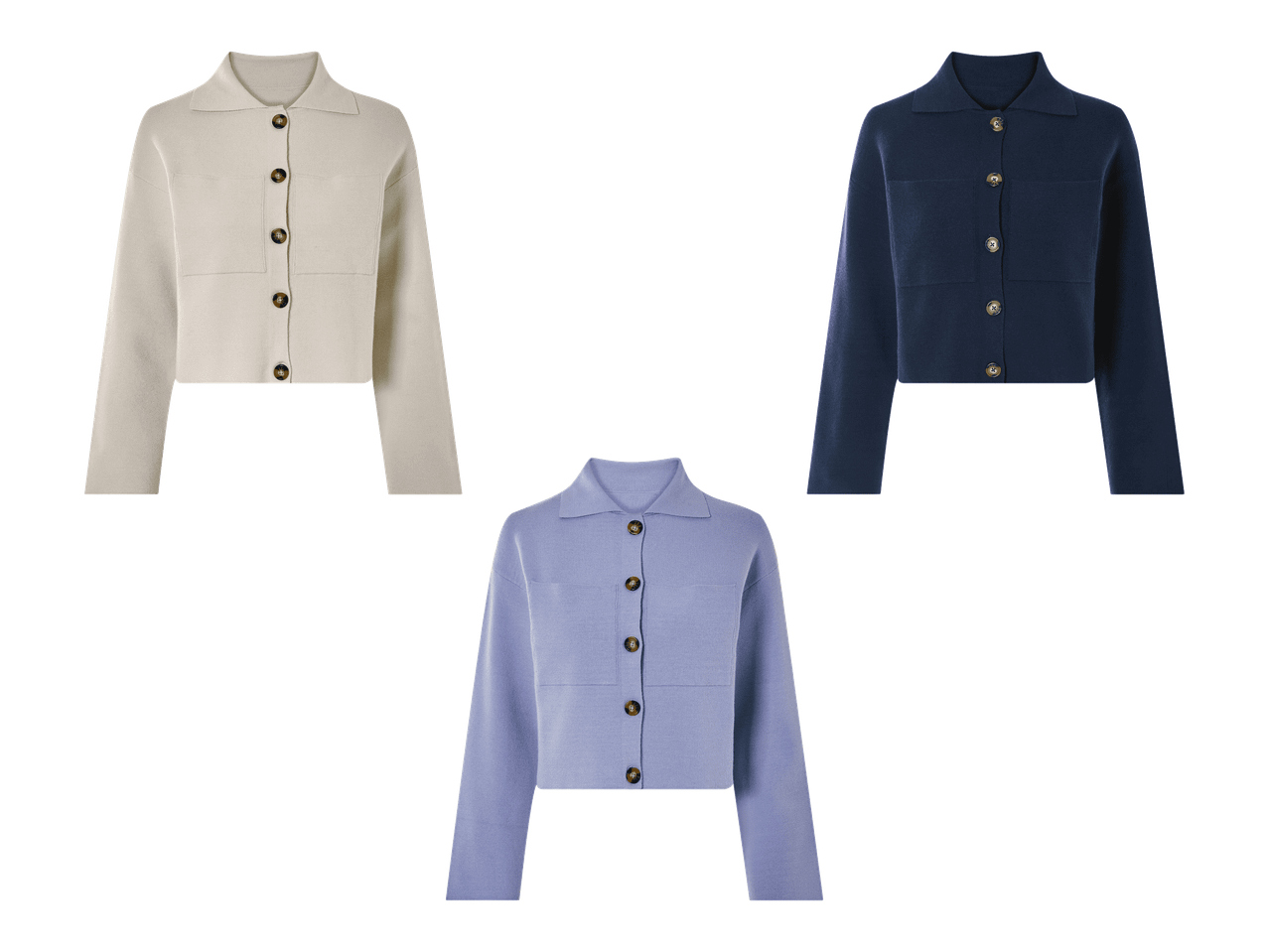 Kolme neuletakkia, joissa on kaulus ja napit, väreinä beige, laivastonsininen ja laventeli.